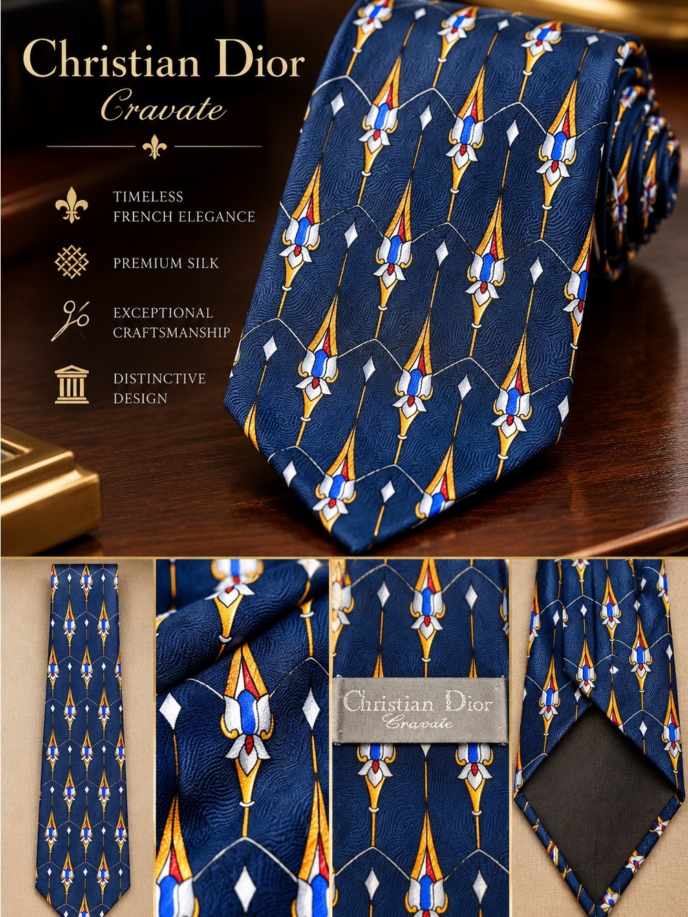 Dior Men’s Silk Tie in Navy with Gold & White Motif